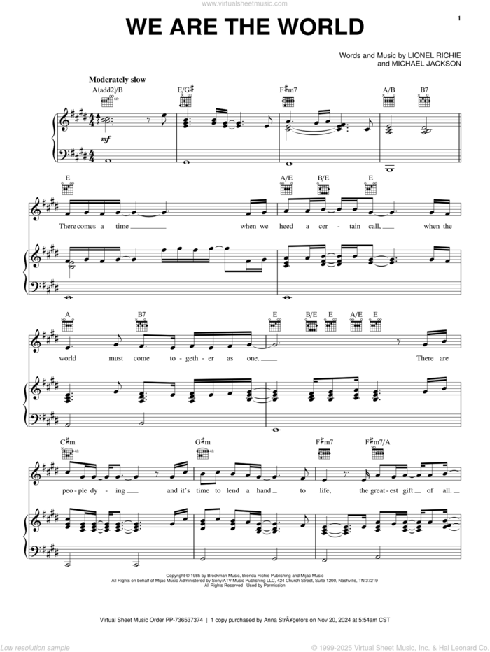 We Are The World sheet music for voice, piano or guitar by USA For Africa, Quincy Jones, Lionel Richie and Michael Jackson, intermediate skill level