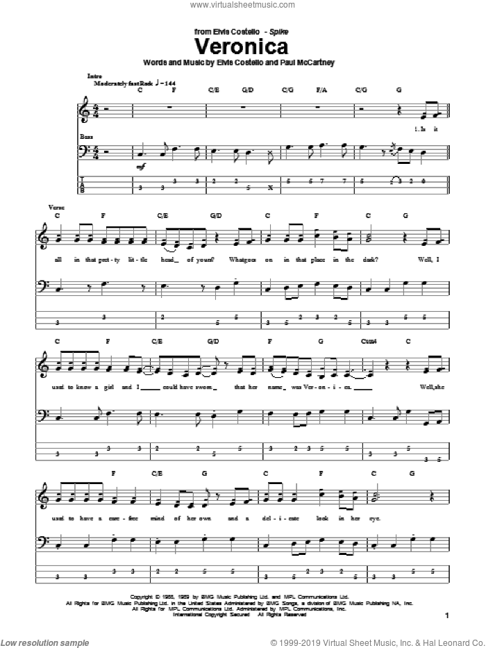 Veronica sheet music for bass (tablature) (bass guitar) by Elvis Costello and Paul McCartney, intermediate skill level
