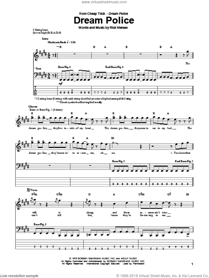 Dream Police sheet music for bass (tablature) (bass guitar) by Cheap Trick and Rick Nielsen, intermediate skill level