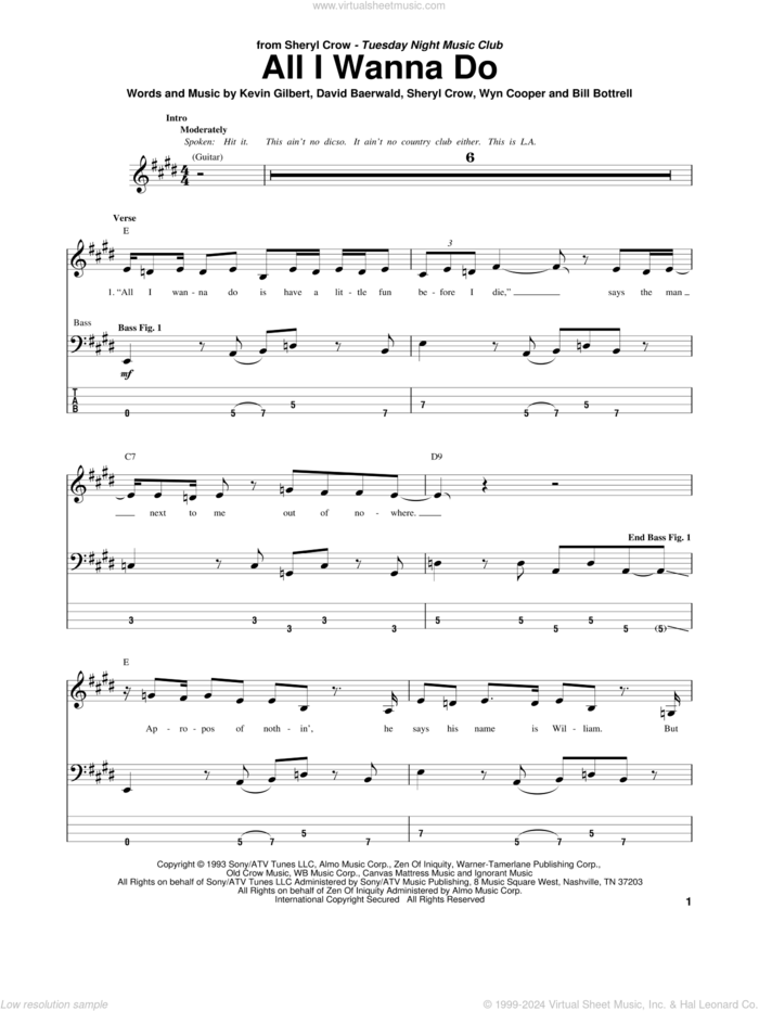 All I Wanna Do sheet music for bass (tablature) (bass guitar) by Sheryl Crow, Bill Bottrell, David Baerwald, Kevin Gilbert and Wyn Cooper, intermediate skill level