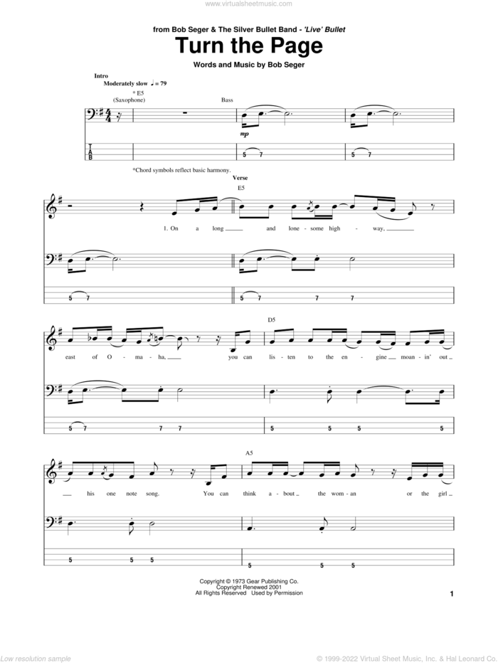 Turn The Page sheet music for bass (tablature) (bass guitar) by Bob Seger and Metallica, intermediate skill level