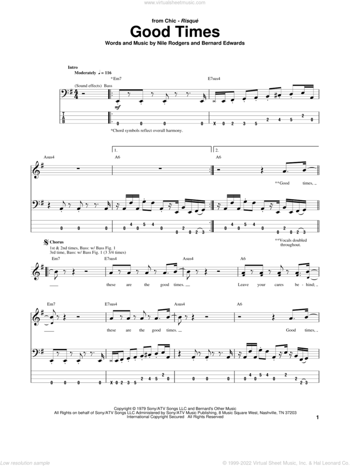 Good Times sheet music for bass (tablature) (bass guitar) by Chic, Bernard Edwards and Nile Rodgers, intermediate skill level