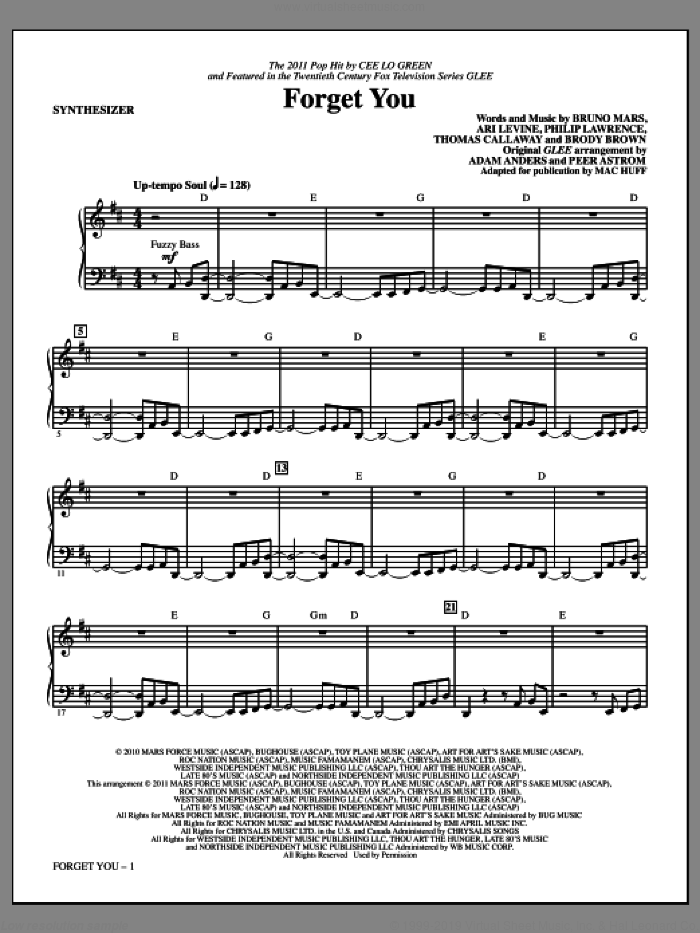 Forget You (complete set of parts) sheet music for orchestra/band (Rhythm) by Bruno Mars, Ari Levine, Brody Brown, Philip Lawrence, Thomas Callaway, Adam Anders, Cee Lo Green, Glee Cast, Mac Huff and Peer Astrom, intermediate skill level
