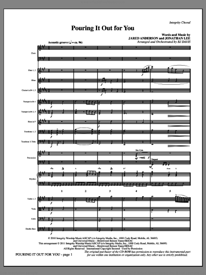 Pouring It Out For You (complete set of parts) sheet music for orchestra/band (Orchestra) by Jared Anderson, BJ Davis and Jonathan Lee, intermediate skill level