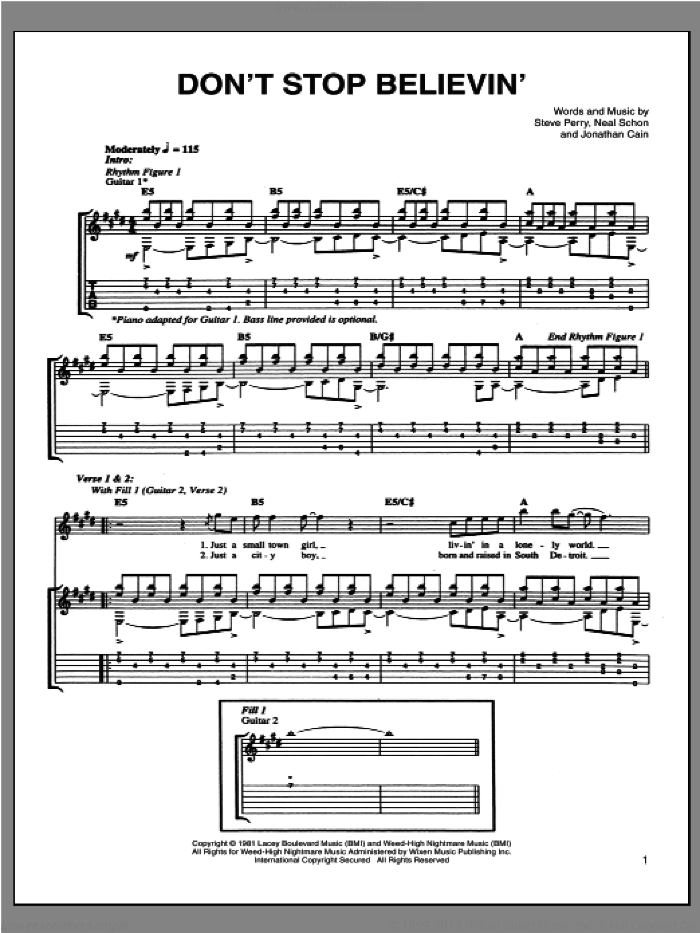Don't Stop Believin' sheet music for guitar (tablature) by Journey, Jonathan Cain, Neal Schon and Steve Perry, intermediate skill level