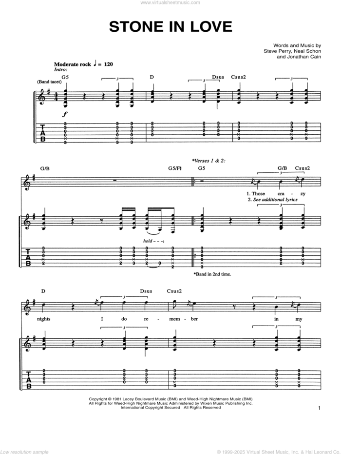 Stone In Love sheet music for guitar (tablature) by Journey, Jonathan Cain, Neal Schon and Steve Perry, intermediate skill level