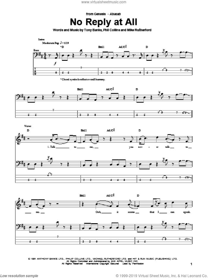 No Reply At All sheet music for bass (tablature) (bass guitar) by Genesis, Mike Rutherford, Phil Collins and Tony Banks, intermediate skill level
