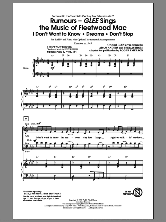 Rumours: Glee Sings The Music Of Fleetwood Mac sheet music for choir (SATB: soprano, alto, tenor, bass) by Roger Emerson, Christine McVie, Fleetwood Mac, Glee Cast and Miscellaneous, intermediate skill level