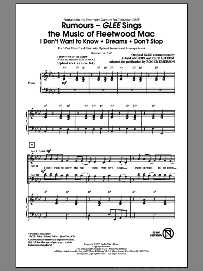 Rumours: Glee Sings The Music Of Fleetwood Mac sheet music for choir (3-Part Mixed) by Roger Emerson, Christine McVie, Fleetwood Mac, Glee Cast and Miscellaneous, intermediate skill level