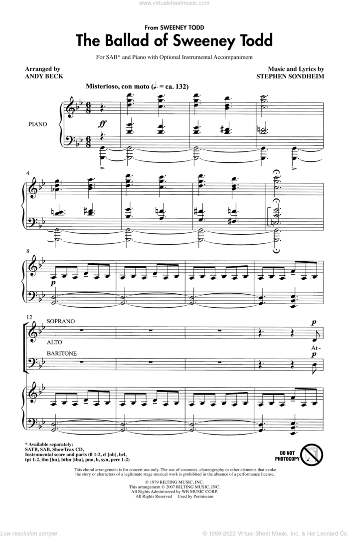 The Ballad Of Sweeney Todd sheet music for choir (SAB: soprano, alto, bass) by Stephen Sondheim and Andy Beck, intermediate skill level