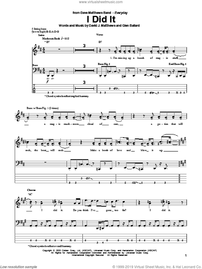 I Did It sheet music for bass (tablature) (bass guitar) by Dave Matthews Band and Glen Ballard, intermediate skill level