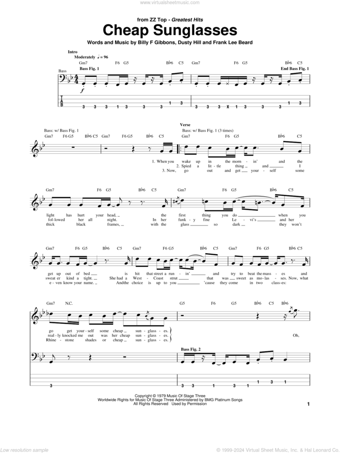 Cheap Sunglasses sheet music for bass (tablature) (bass guitar) by ZZ Top, Billy Gibbons, Dusty Hill and Frank Beard, intermediate skill level