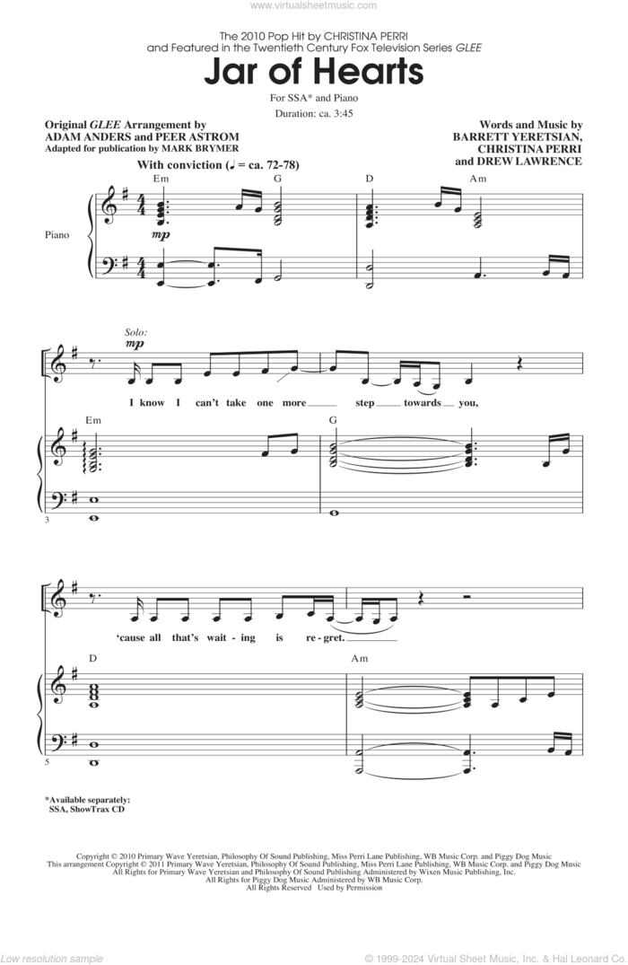 Jar Of Hearts (adapted by Mark Brymer) sheet music for choir (SSA: soprano, alto) by Mark Brymer, Barrett Yeretsian, Drew Lawrence, Adam Anders, Christina Perri, Glee Cast, Miscellaneous and Peer Astrom, intermediate skill level