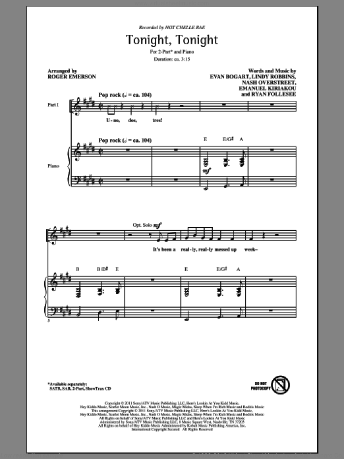 Tonight Tonight sheet music for choir (2-Part) by Evan Bogart, Emanuel Kiriakou, Lindy Robbins, Nash Overstreet, Ryan Follesee, Hot Chelle Rae and Roger Emerson, intermediate duet