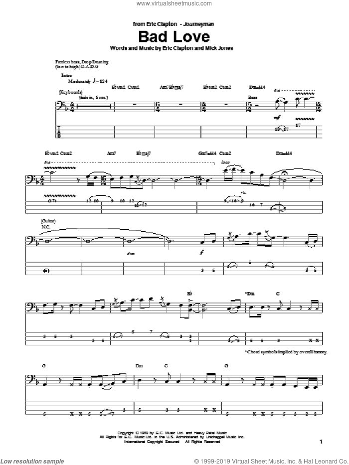 Bad Love sheet music for bass (tablature) (bass guitar) by Eric Clapton and Mick Jones, intermediate skill level