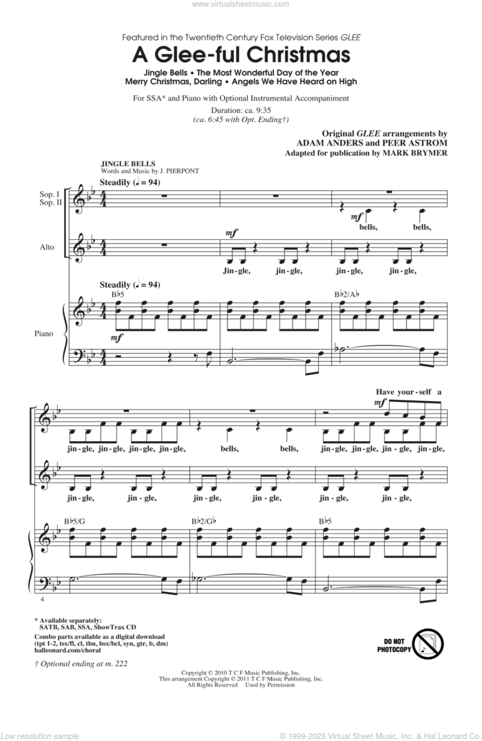 A Glee-ful Christmas (Choral Medley)(arr. Mark Brymer) sheet music for choir (SSA: soprano, alto) by Mark Brymer, Adam Anders, Glee Cast, James Chadwick, Miscellaneous and Peer Astrom, intermediate skill level