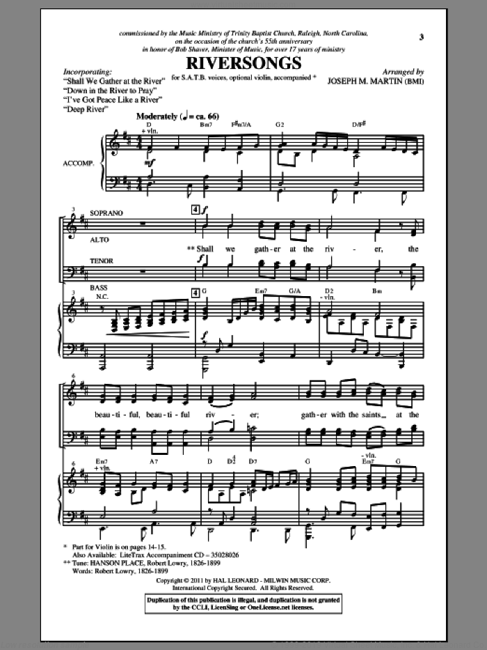 Riversongs sheet music for choir (SATB: soprano, alto, tenor, bass) by Robert Lowry and Joseph M. Martin, intermediate skill level