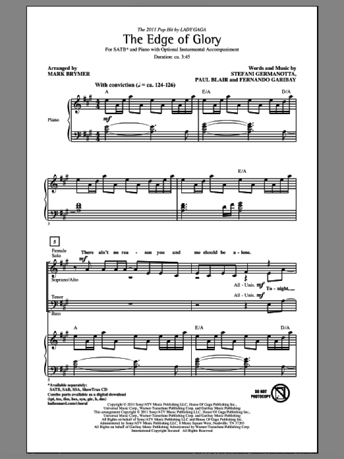The Edge Of Glory sheet music for choir (SATB: soprano, alto, tenor, bass) by Lady Gaga, Fernando Garibay, Paul Blair and Mark Brymer, intermediate skill level