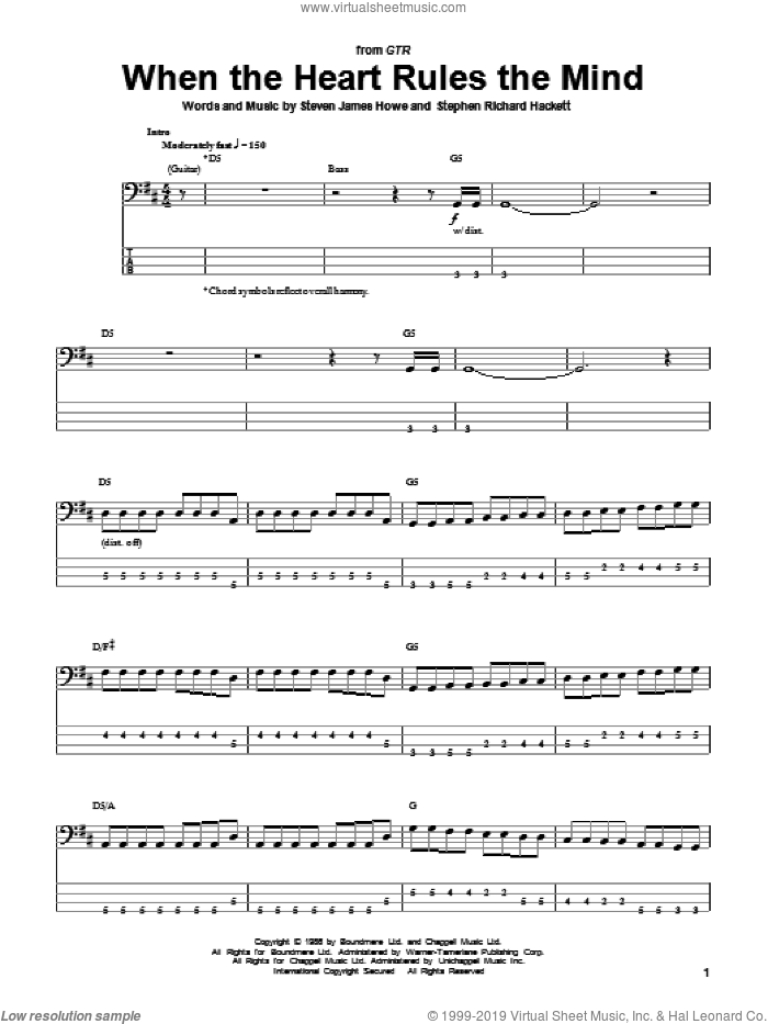 When The Heart Rules The Mind sheet music for bass (tablature) (bass guitar) by GTR, Stephen Richard Hackett and Steve Howe, intermediate skill level