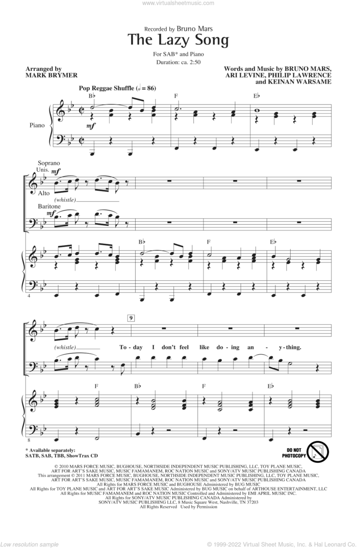 The Lazy Song (arr. Mark Brymer) sheet music for choir (SAB: soprano, alto, bass) by Bruno Mars, Ari Levine, Keinan Warsame, Philip Lawrence and Mark Brymer, intermediate skill level