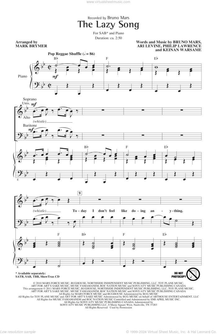 The Lazy Song (arr. Mark Brymer) sheet music for choir (SAB: soprano, alto, bass) by Bruno Mars, Ari Levine, Keinan Warsame, Philip Lawrence and Mark Brymer, intermediate skill level