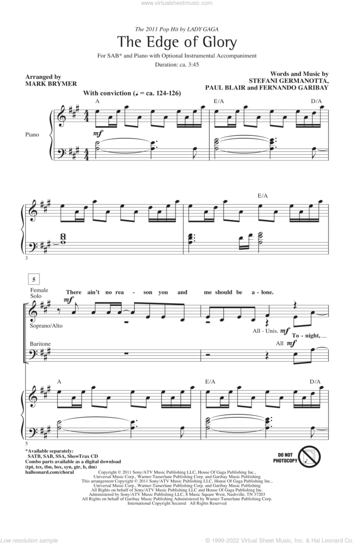 The Edge Of Glory sheet music for choir (SAB: soprano, alto, bass) by Lady Gaga, Fernando Garibay, Paul Blair and Mark Brymer, intermediate skill level