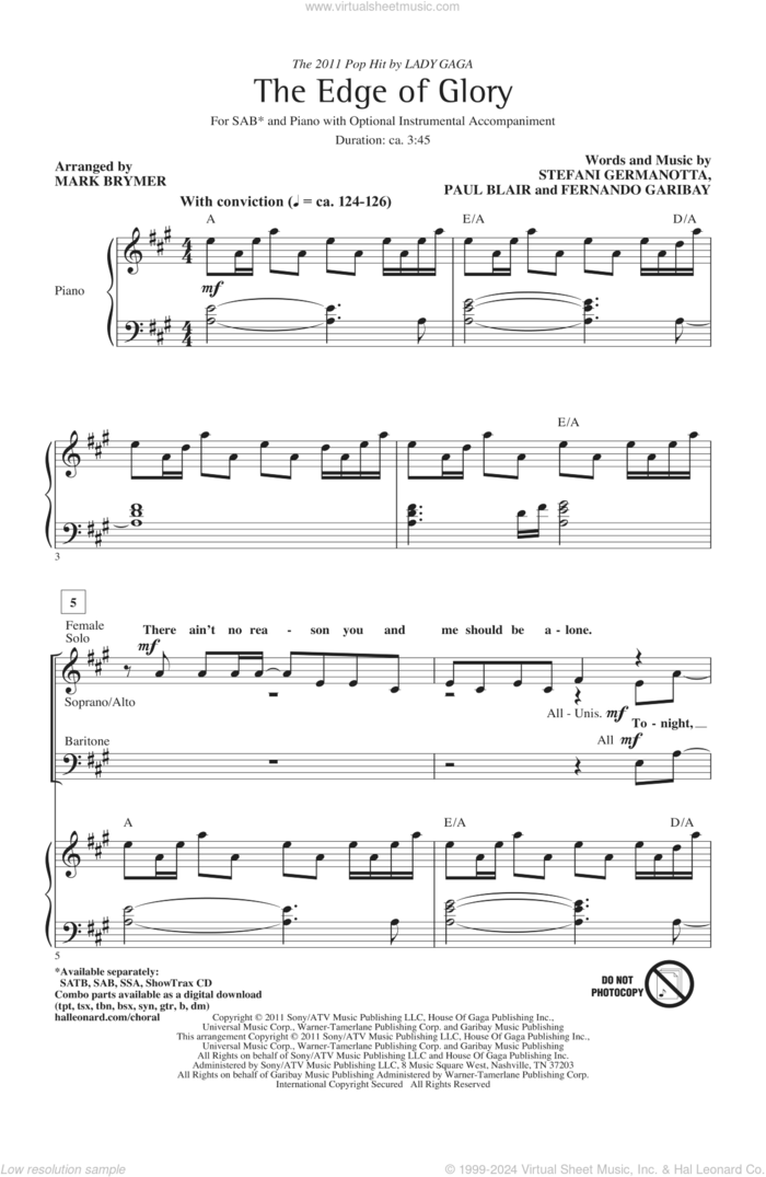 The Edge Of Glory sheet music for choir (SAB: soprano, alto, bass) by Lady Gaga, Fernando Garibay, Paul Blair and Mark Brymer, intermediate skill level