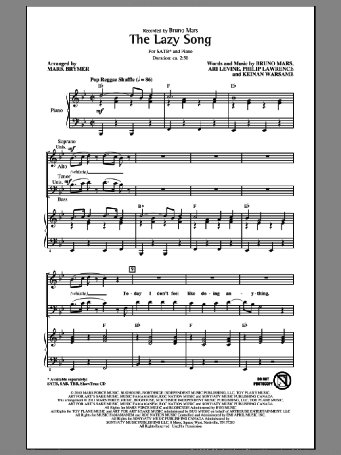 The Lazy Song (arr. Mark Brymer) sheet music for choir (SATB: soprano, alto, tenor, bass) by Bruno Mars, Ari Levine, Keinan Warsame, Philip Lawrence and Mark Brymer, intermediate skill level