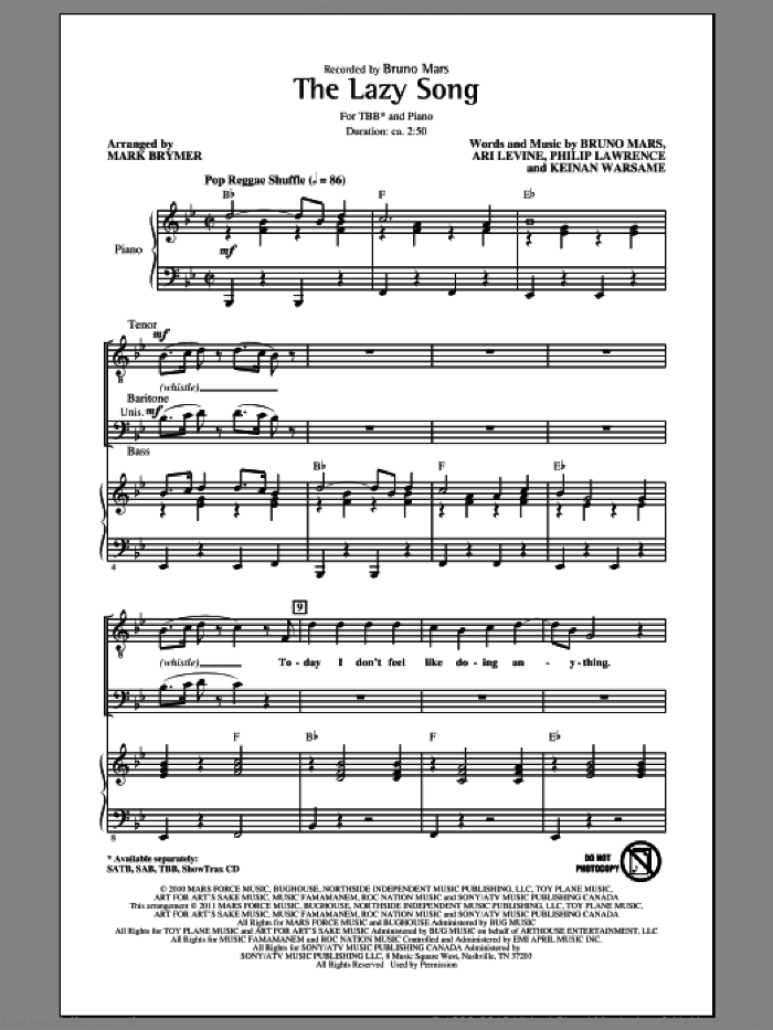 The Lazy Song (arr. Mark Brymer) sheet music for choir (TBB: tenor, bass) by Bruno Mars, Ari Levine, Keinan Warsame, Philip Lawrence and Mark Brymer, intermediate skill level