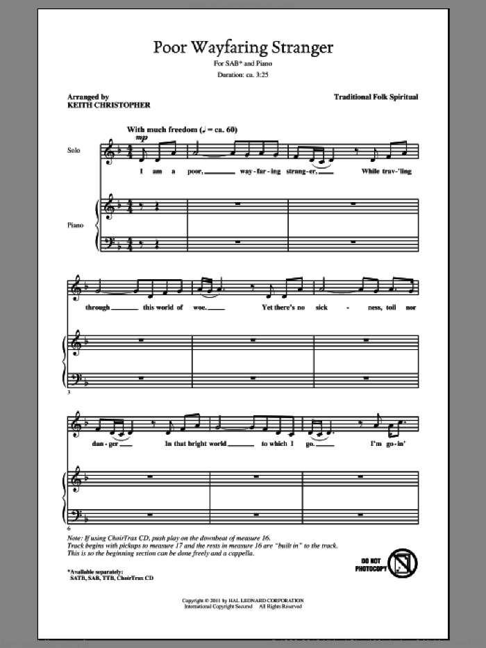 Poor Wayfaring Stranger sheet music for choir (SAB: soprano, alto, bass) by Keith Christopher and Traditional Folk Spiritual, intermediate skill level