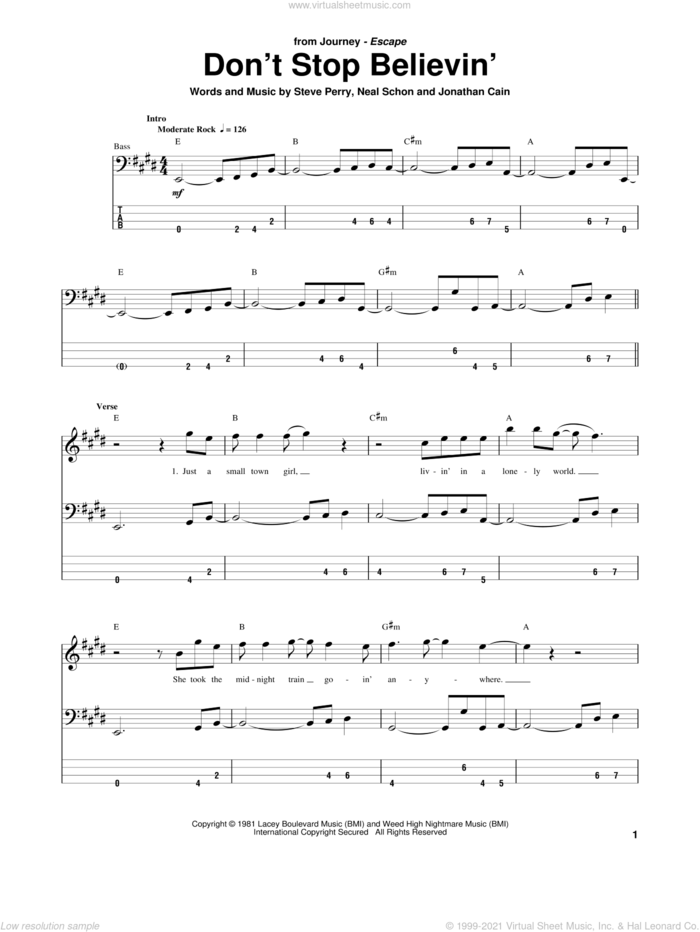 Don't Stop Believin' sheet music for bass (tablature) (bass guitar) by Journey, Jonathan Cain, Neal Schon and Steve Perry, intermediate skill level