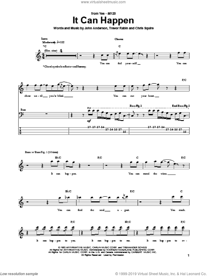 It Can Happen sheet music for bass (tablature) (bass guitar) by Yes, Chris Squire, John Anderson and Trevor Rabin, intermediate skill level