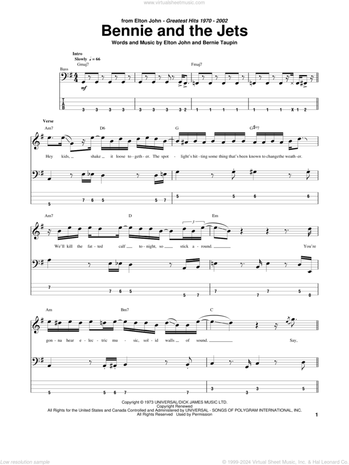 Bennie And The Jets sheet music for bass (tablature) (bass guitar) by Elton John and Bernie Taupin, intermediate skill level