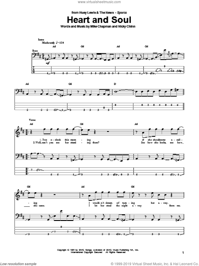 Heart And Soul sheet music for bass (tablature) (bass guitar) by Huey Lewis & The News, Mike Chapman and Nicky Chinn, intermediate skill level