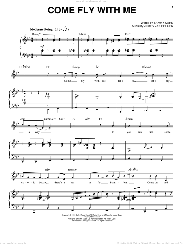 Come Fly With Me sheet music for voice and piano by Frank Sinatra, Dean Martin, Sammy Davis, Jr., Jimmy van Heusen and Sammy Cahn, intermediate skill level