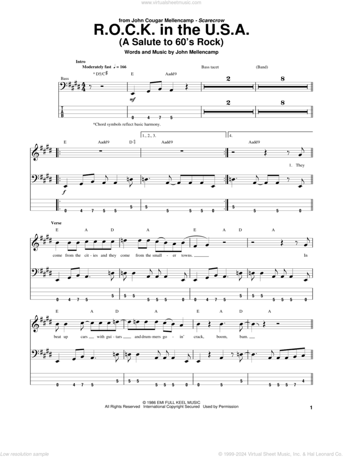 R.O.C.K. In The U.S.A. (A Salute To 60's Rock) sheet music for bass (tablature) (bass guitar) by John Mellencamp, intermediate skill level