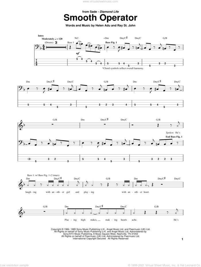 Smooth Operator sheet music for bass (tablature) (bass guitar) by Sade, Helen Adu and Ray St. John, intermediate skill level