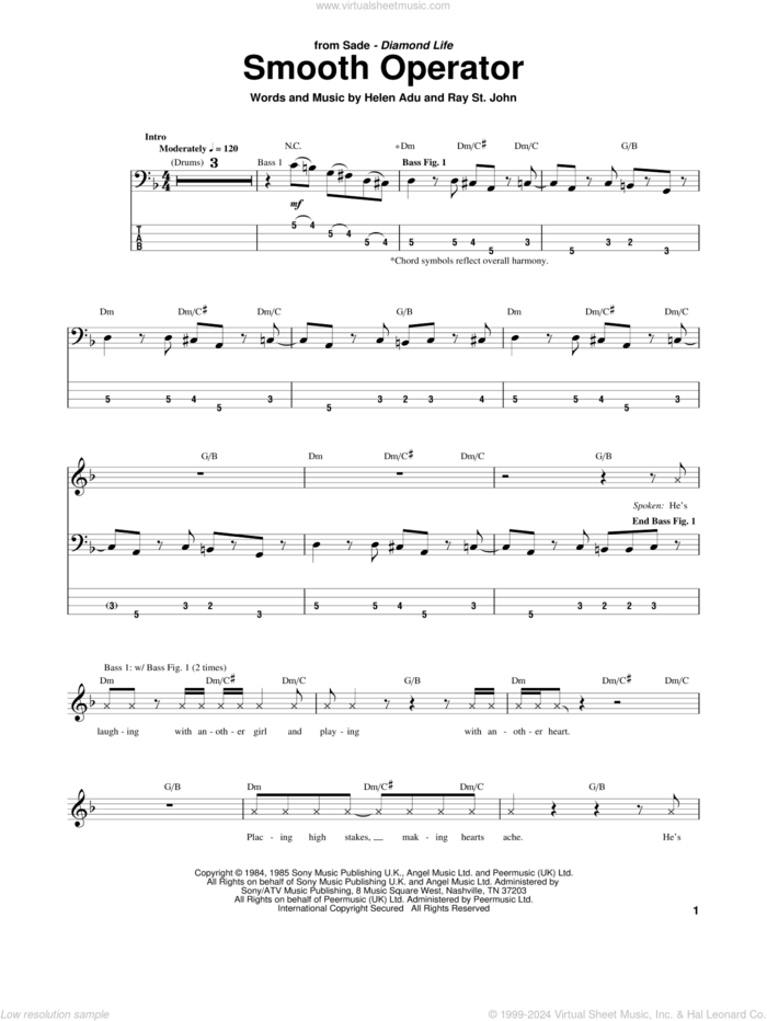 Smooth Operator sheet music for bass (tablature) (bass guitar) by Sade, Helen Adu and Ray St. John, intermediate skill level