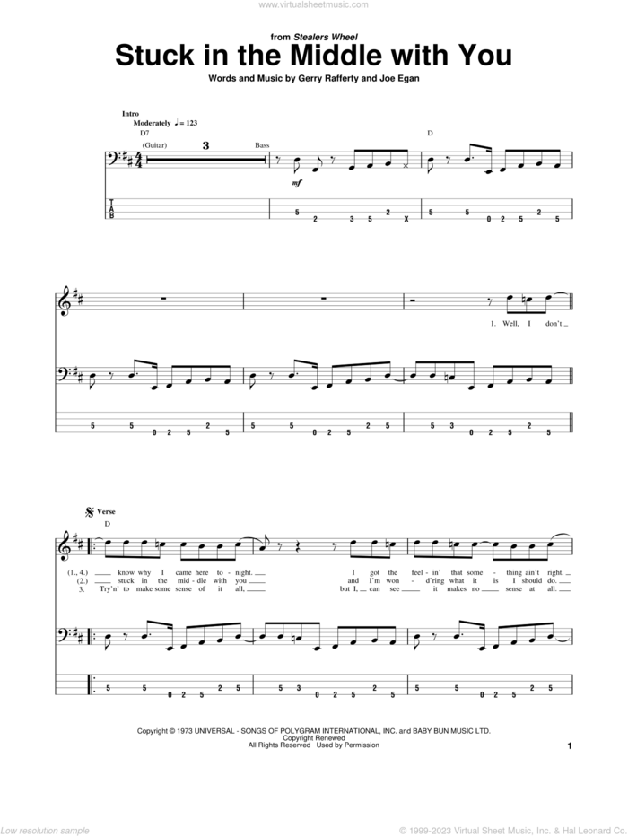 Stuck In The Middle With You sheet music for bass (tablature) (bass guitar) by Stealers Wheel, Gerry Rafferty and Joe Egan, intermediate skill level