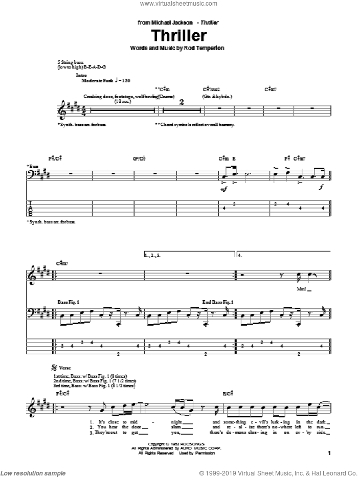 Thriller sheet music for bass (tablature) (bass guitar) by Michael Jackson and Rod Temperton, intermediate skill level