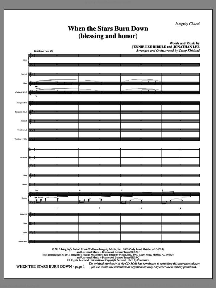 When The Stars Burn Down (Blessing And Honor) (complete set of parts) sheet music for orchestra/band (Orchestration) by Jennie Lee Riddle, Camp Kirkland and Jonathan Lee, intermediate skill level