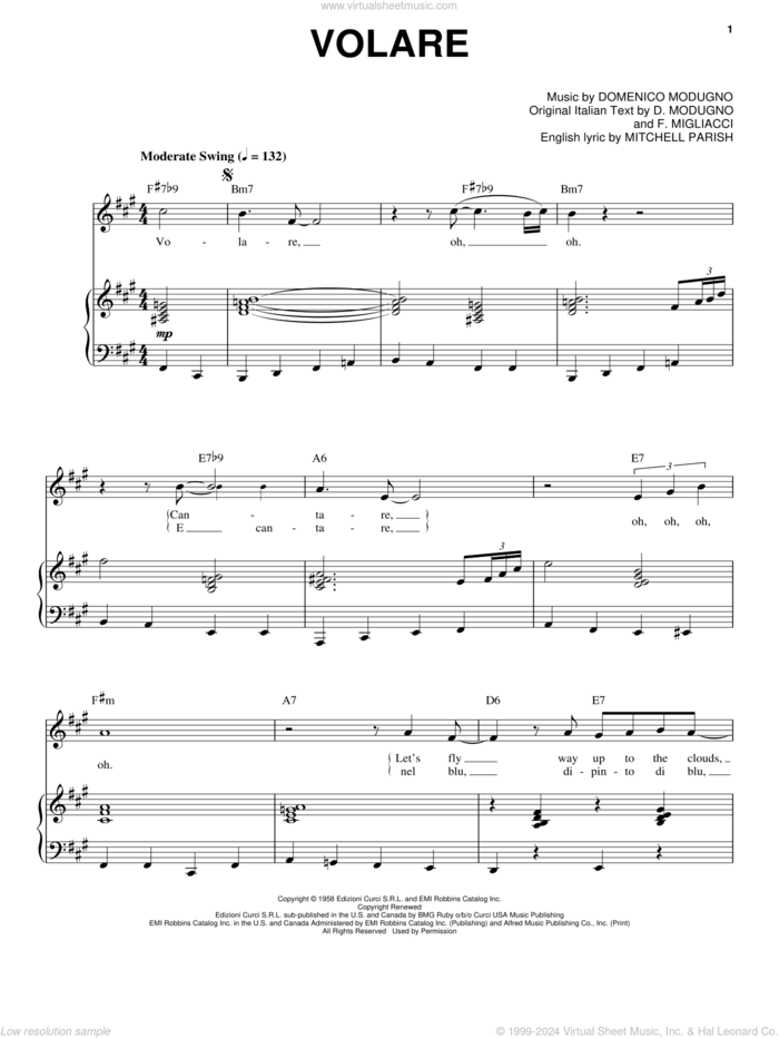 Volare (Nel Blu, Dipinto Di Blu) sheet music for voice and piano by Dean Martin, Frank Sinatra, Sammy Davis, Jr., Bobby Rydell, D. Modugno, Domenico Modugno, Franco Migliacci and Mitchell Parish, intermediate skill level