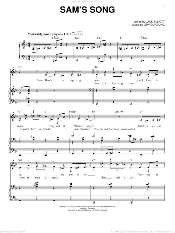 Sam's Song sheet music for voice and piano by Sammy Davis, Jr., Dean Martin, Frank Sinatra, Jack Elliott and Lew Quadling, intermediate skill level