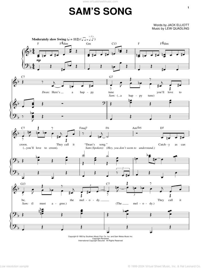 Sam's Song sheet music for voice and piano by Sammy Davis, Jr., Dean Martin, Frank Sinatra, Jack Elliott and Lew Quadling, intermediate skill level