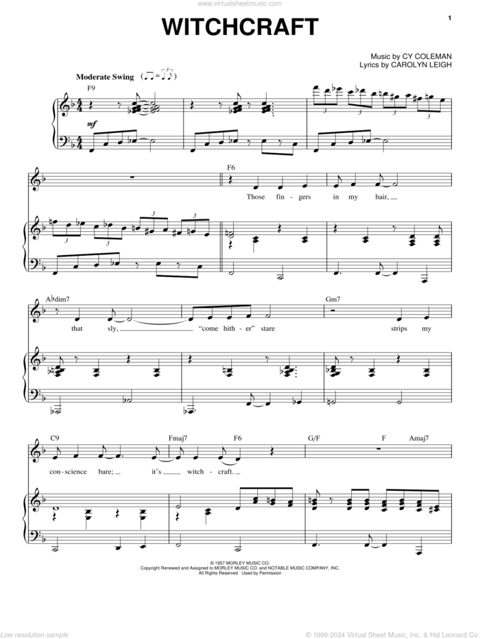 Witchcraft sheet music for voice and piano by Frank Sinatra, Dean Martin, Sammy Davis, Jr., Carolyn Leigh and Cy Coleman, intermediate skill level