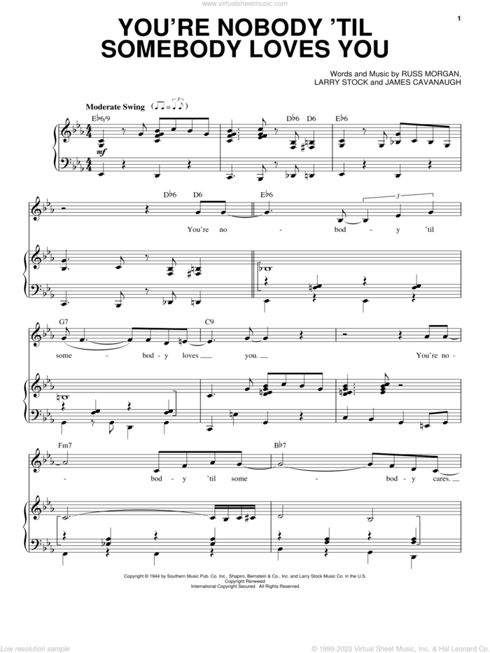 You're Nobody 'Til Somebody Loves You sheet music for voice and piano by Dean Martin, Frank Sinatra, Sammy Davis, Jr., James Cavanaugh, Larry Stock and Russ Morgan, intermediate skill level