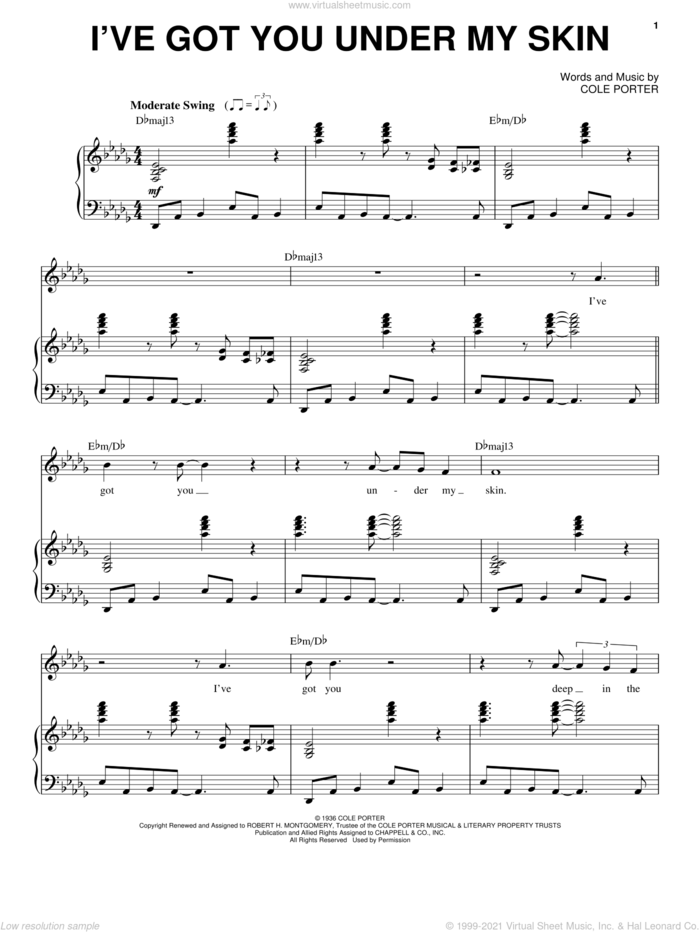 I've Got You Under My Skin sheet music for voice and piano by Frank Sinatra, Dean Martin, Sammy Davis, Jr. and Cole Porter, intermediate skill level