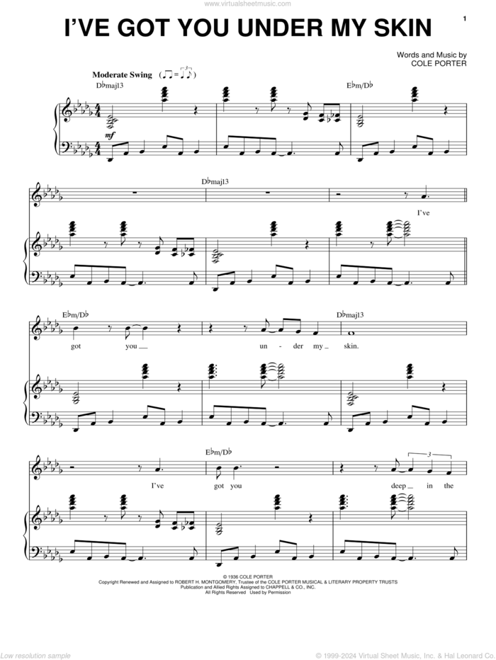 I've Got You Under My Skin sheet music for voice and piano by Frank Sinatra, Dean Martin, Sammy Davis, Jr. and Cole Porter, intermediate skill level