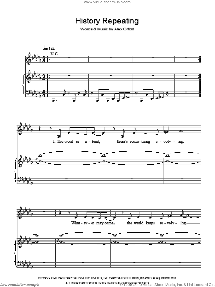 History Repeating sheet music for voice and piano by Shirley Bassey and Alex Gifford, intermediate skill level