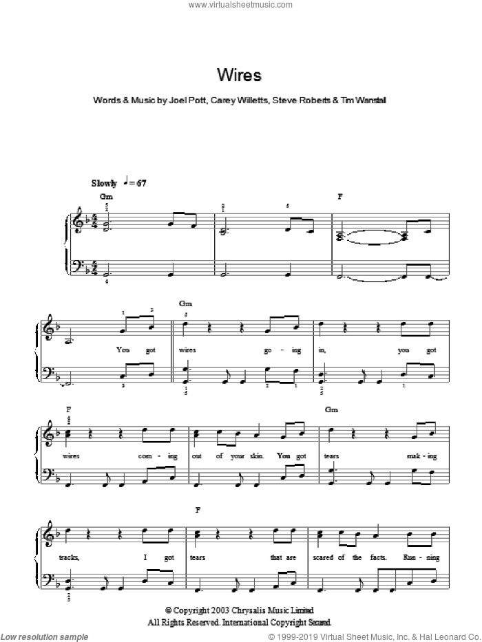 Wires sheet music for piano solo by Athlete, Carey Willetts, Joel Pott, Steve Roberts and Tim Wanstall, easy skill level